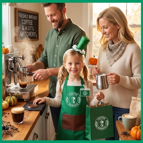 Halloween Coffee Costume Set - Barista Uniforms, 4Pcs | Adjustable, Waterproof Green Aprons, Name Tag, Hairband, Bags, Coffee Maker Outfit for Role Play, Halloween Party Dress Up - Image 5