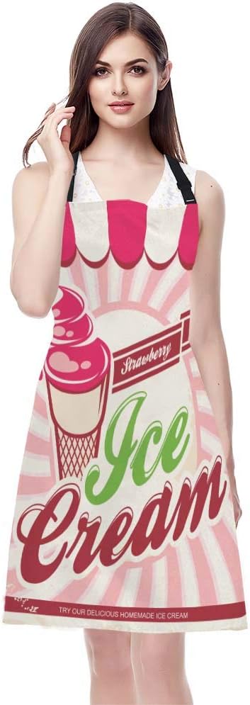 WONDERTIFY Ice Cream Apron,Vintage Background Ribbon with Delicious Homemade Dessert Strawberry Bib Apron with Adjustable Neck for Men Women,Suitable for Home Kitchen Cooking Waitress Chef Apron