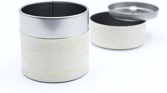 Japanese Pokkan Matcha Coffee Spice Tea Tin Canister Washi Paper Storage with Lid 7.05 oz Capacity (Kenran Nami,S)