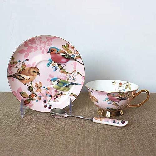 YBK Tech Euro Style Cup& Saucer Set Art Bone China Ceramic Tea Coffee Cup for Breakfast Home Kitchen- Birds and Trees Patterns (Light Pink)