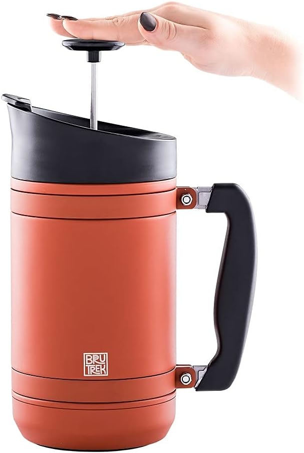BruTrek® by Planetary Design BaseCamp Coffee Press - Double Wall Insulated Stainless Steel - Bru-Stop Technology, No Grounds in Coffee, No Spill Lid (Red Rock, 32 fl.oz)