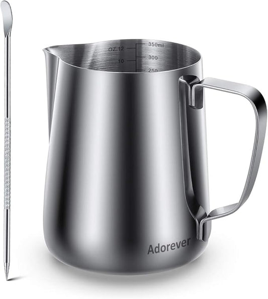 Milk Frothing Pitcher, Thicker Version 350ml 12oz Steaming Pitchers Stainless Steel Milk Coffee Cappuccino Latte Art Barista Steam Pitchers Milk Jug Cup with Decorating Pen
