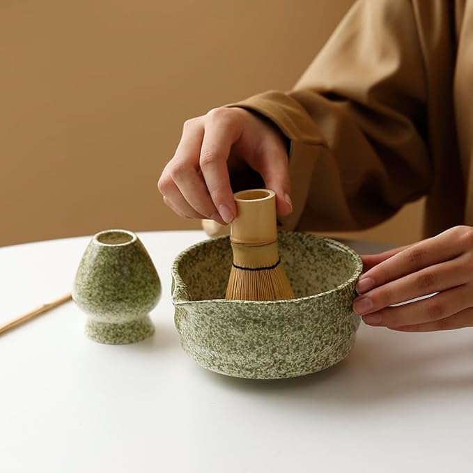 Matcha Tea Set with Matcha Green Ceramic Bowl, Fine Mesh Strainer and Bamboo Scoop, Japanese Style Matcha Accessories for Home Tea Ceremony.
