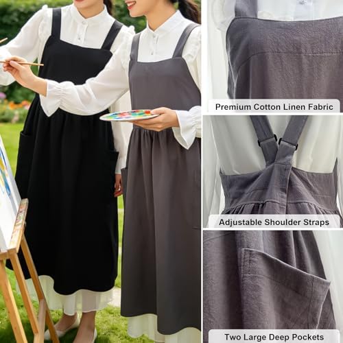 Uaussi Cotton Linen Apron Cross Back Work Apron for Women with Pockets Pinafore Dress X Cross Halter Apron for Chef Gardening - Image 2