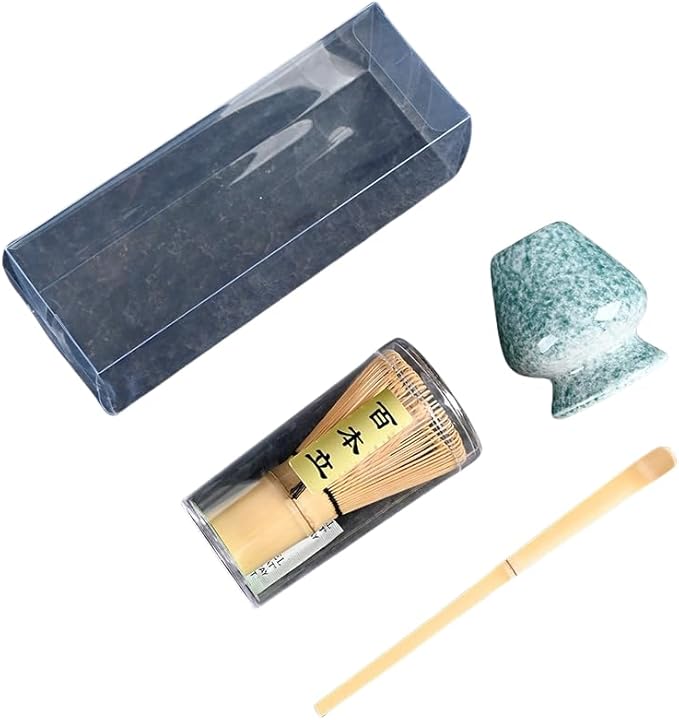 Japanese Matcha Tea Set, Bamboo Whisk (Chasen) + Matcha Scoop (Chashaku)+Ceramic Whisk Holder,fit for Japanese Tea Matcha Tea,Matcha Latte Accessories (G)