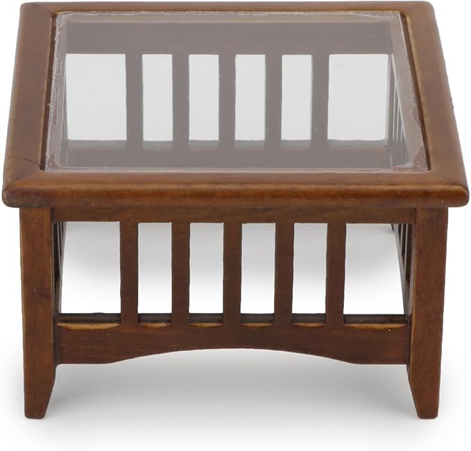 Dollhouse Coffee Table Miniature Furniture 1:12 Scale Wooden Tea Table Square Shape Side Tables Acrylic Tabletop Props Miniature End Table Living Room Pocket Desk Doll House Decoration Props (Brown)