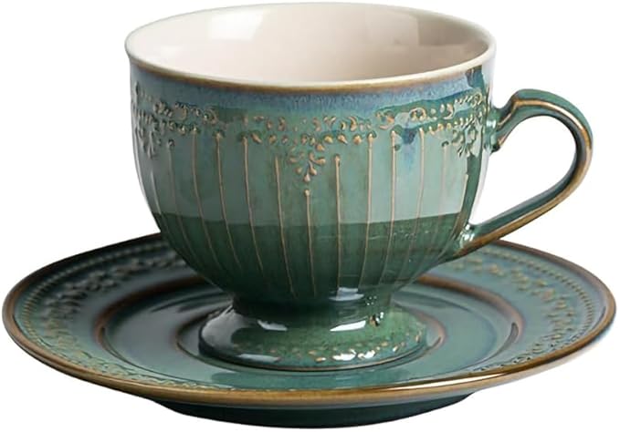 WAIT FLY Vintage Embossed Ceramic Coffee Mug with Saucer Set, Espresso Cup, Tea Cup, Breakfast Cup and Dessert Plate-Green-8 OZ