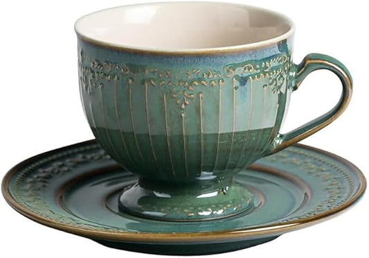 WAIT FLY Vintage Embossed Ceramic Coffee Mug with Saucer Set, Espresso Cup, Tea Cup, Breakfast Cup and Dessert Plate-Green-8 OZ
