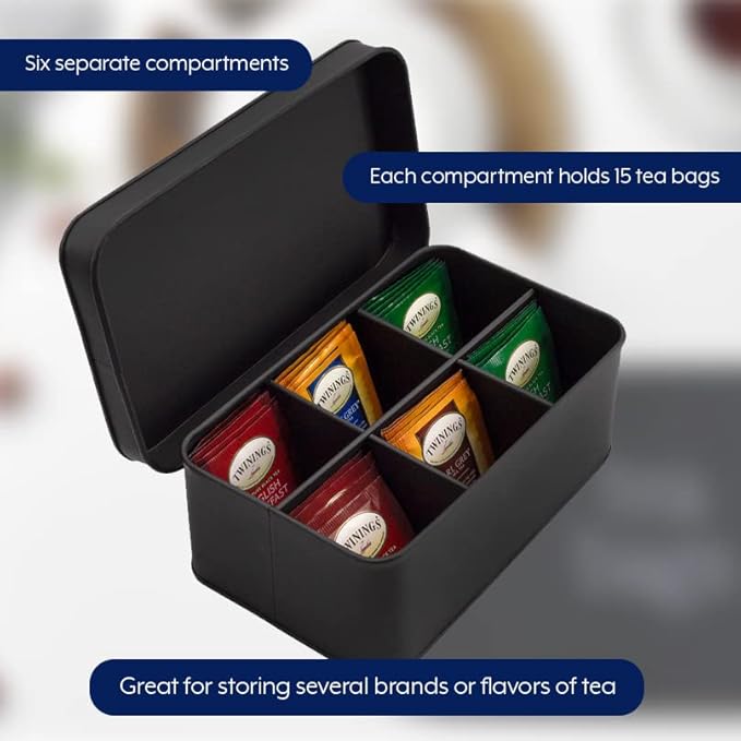 AuldHome Design Enamelware Tea Bag Box (Black), Classic Sleek Style Tea Storage Tin