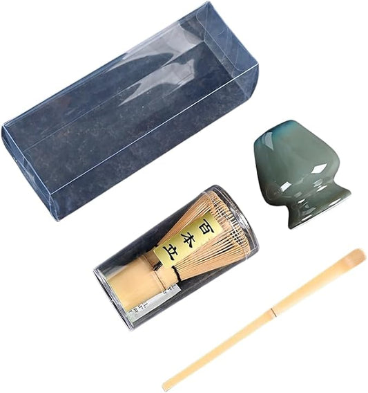 Japanese Matcha Tea Set, Bamboo Whisk (Chasen) + Matcha Scoop (Chashaku)+Ceramic Whisk Holder,fit for Japanese Tea Matcha Tea,Matcha Latte Accessories (D)