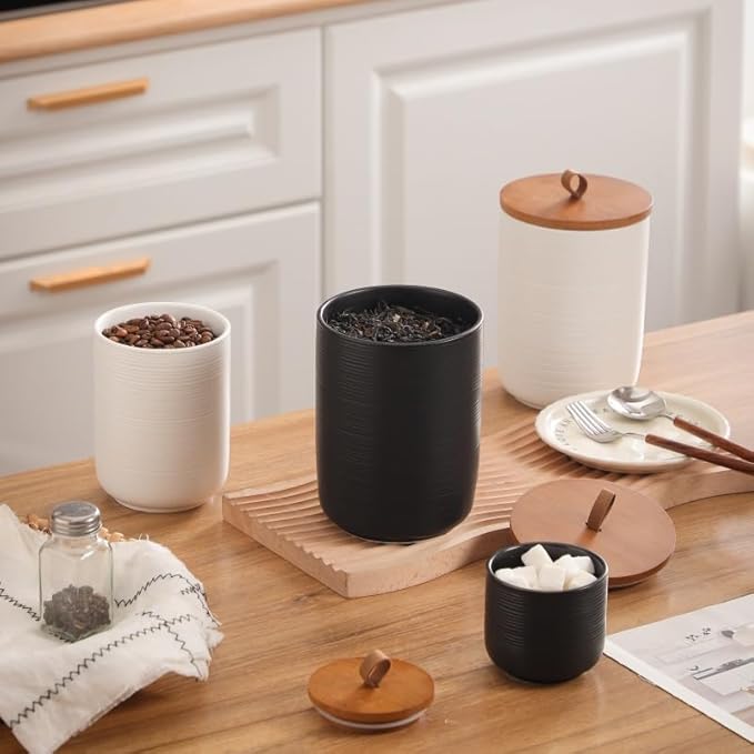 Food Storage Jar Strong Ceramic Storage Canisters with Airtight Wooden Lid,Kitchen Storage Containers for Serving Coffee Beans, Tea, Sugar, Salt, Spices (Big black 44 oz)