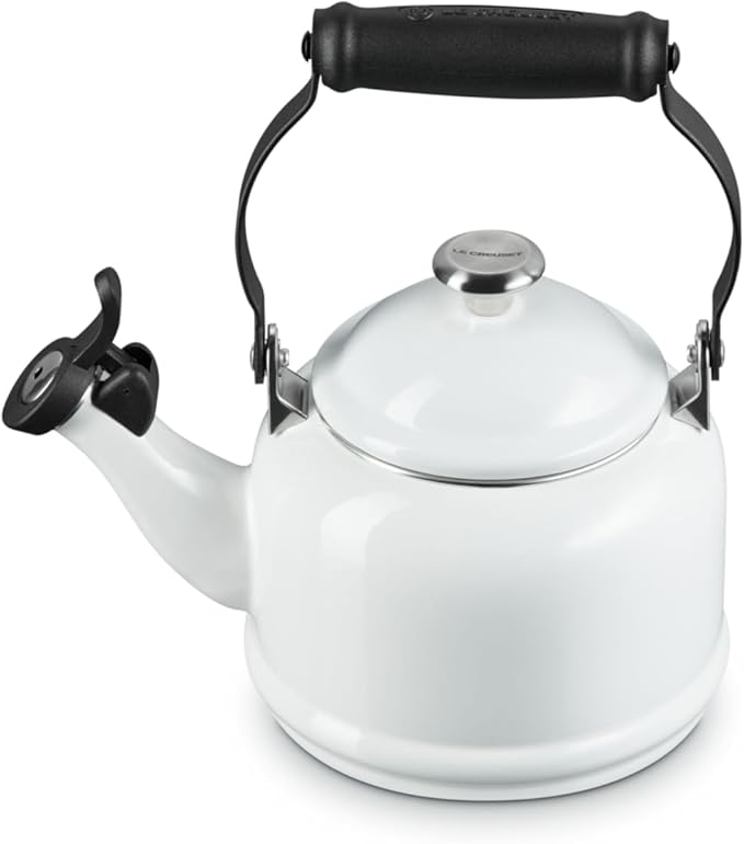 Le Creuset Enamel On Steel Demi Tea Kettle with Metal Finishes, 1.25 qt., White