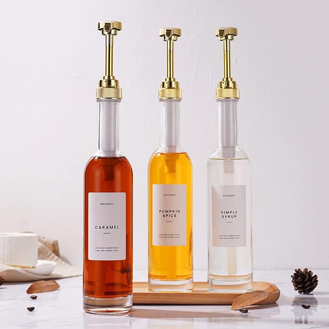 MoliMoli Coffee Syrup Dispenser for Coffee Bar, 350mlCoffee Pump Dispenser, Glass Syrup Bottle w. Pumps, Simple Syrup Dispenser w. Labels,Set of 2, (Gold) - Image 9