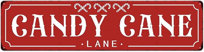 Red Candy Cane Lane Christmas Metal Sign Vintage Print Art Poster Tin Hanging Plaque for Home Kitchen Patio Yard Office Cafe Coffee Bar Front Door Wall Decor Novelty Gift 16" x 4" by SCAZOMV