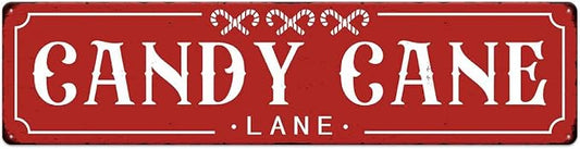 Red Candy Cane Lane Christmas Metal Sign Vintage Print Art Poster Tin Hanging Plaque for Home Kitchen Patio Yard Office Cafe Coffee Bar Front Door Wall Decor Novelty Gift 16" x 4" by SCAZOMV