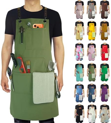Kitchen Apron, Work Apron, Canvas Apron, Olive | Multiple Pockets, Gardening, Painting, BBQ, Artist, Carpenter, Sizes M to XXL by Stenffy