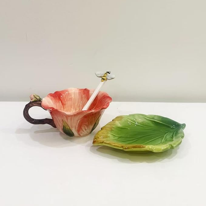Ceramic Pansy Coffee Cup and Saucer Set with Spoon，6OZ 3D Hand-Painted Flower Tea Mug，Gift for Women (Red)