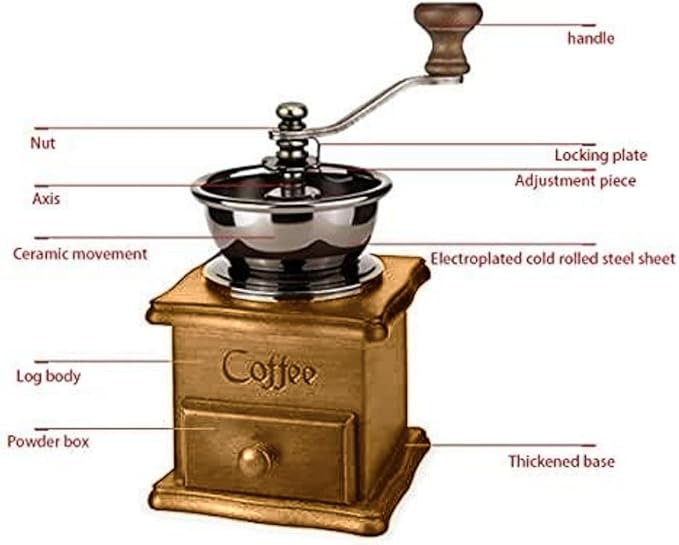 Wooden Manual Coffee Grinder Vintage Style Hand Coffee Mill Burr Coffee Grinder with Ceramic Hand Crank,Wooden Manual Coffee Grinder Cleaning Brush (Light Brown)