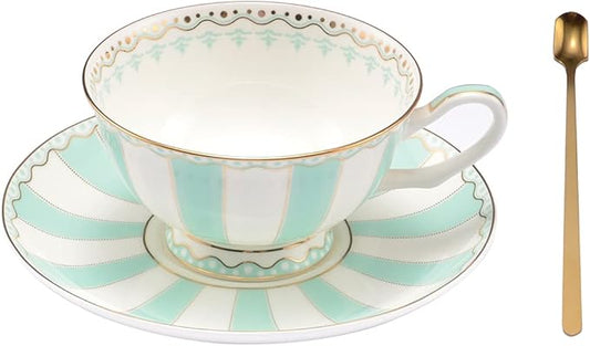 Bone China Tea Cup Set with Saucer Spoon - 3 Piece Set (7oz) - Cappuccino & Latte Cups - Mother's Day Gift