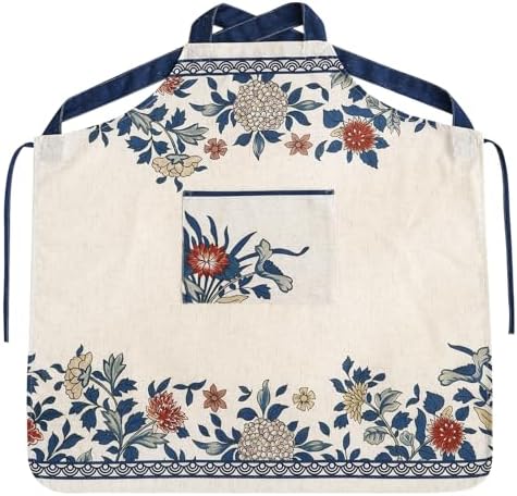 patdrea Blue Floral Linen Apron with Pocket,French Kitchen Garden Chef BBQ Aprons for Women and Men,Crisscross Back Straps by patdrea
