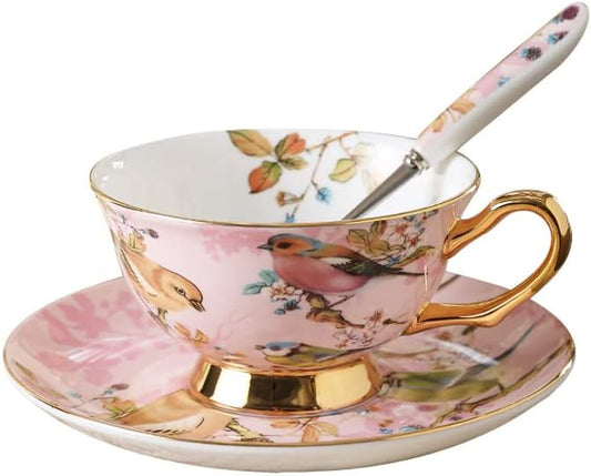 Pink Bird Porcelain Tea Cup Set with Saucer and Spoon - 7oz, Cappuccino and Latte Cups, Mother's Day Gift