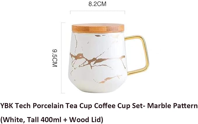 YBK Tech Porcelain Tea Cup Coffee Mug Set for Afternoon Tea - Marble Pattern (White, Tall 400ml + wood lid)