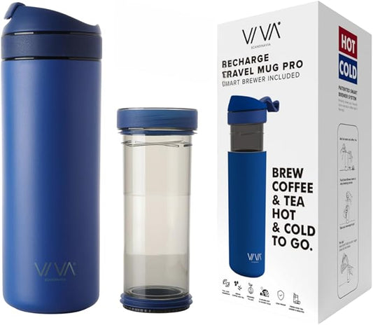 VIVA Recharge Blue Insulated Tea & Coffee Mug & Travel French Press Coffee Maker, 16 oz, Brew & Drink From the Same Coffee Mug On the Go or Camping