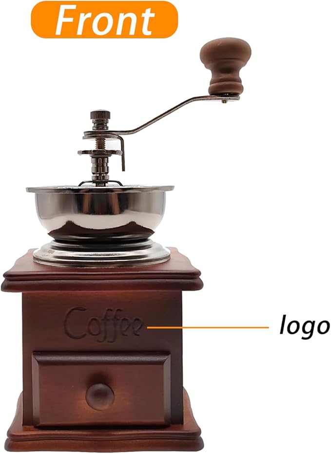Retro style wooden handcrafted coffee grinder, ceramic hand-cranked crank, wooden handcrafted coffee grinder cleaning brush, coffee measuring spoon, dust cover (7.4 x 3.3 x 6.2 inches)