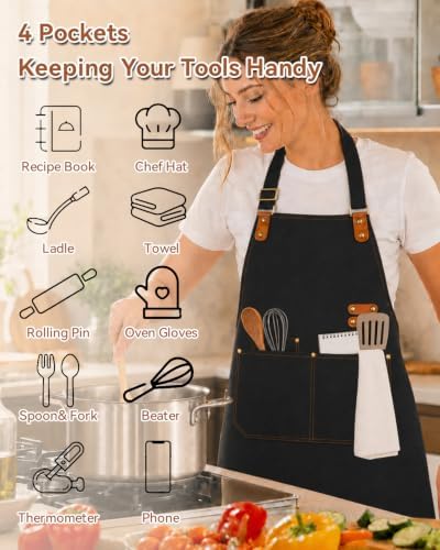 Teskyer Canvas Kitchen Apron with 4 Pockets | Cross Back or Adjustable Strap Design, 4 Utility Pockets, Water & Oil Resistant Fabric for Cooking Gardening & Crafts - Image 3