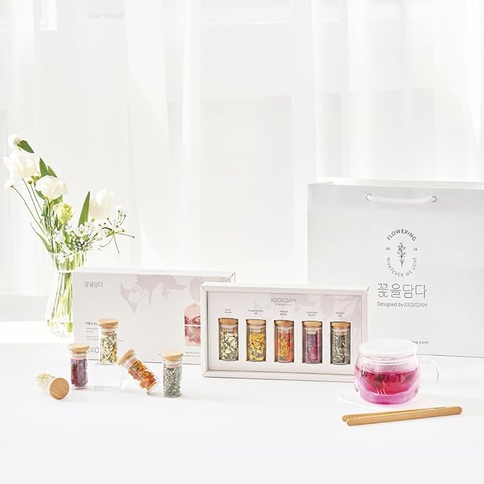 KKOKDAM Lovely Blossom Flower Tea Sampler in Glass Jars - Premium 5 Loose Leaf Herbal Tea Variety Pack, Women & Mom Gift Box