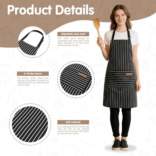 Chef Apron Bib Apron with 2 Large Pockets Adjustable Neck Strap Kitchen Apron Cooking Apron Stripes Baking Apron - Image 3
