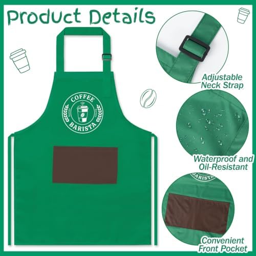 Halloween Coffee Costume Set - Barista Uniforms, 4Pcs | Adjustable, Waterproof Green Aprons, Name Tag, Hairband, Bags, Coffee Maker Outfit for Role Play, Halloween Party Dress Up - Image 3