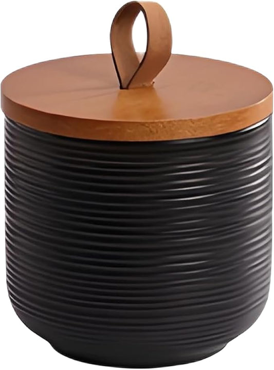 Food Storage Jar Strong Ceramic Storage Canisters with Airtight Wooden Lid,Kitchen Storage Containers for Serving Coffee Beans, Tea, Sugar, Salt, Spices (Little black 9 oz)