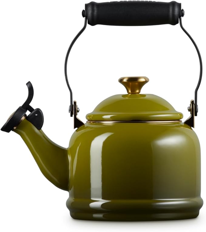 Le Creuset Enamel on Steel Demi Tea Kettle with Gold Finishes, 1.25 qt., Olive