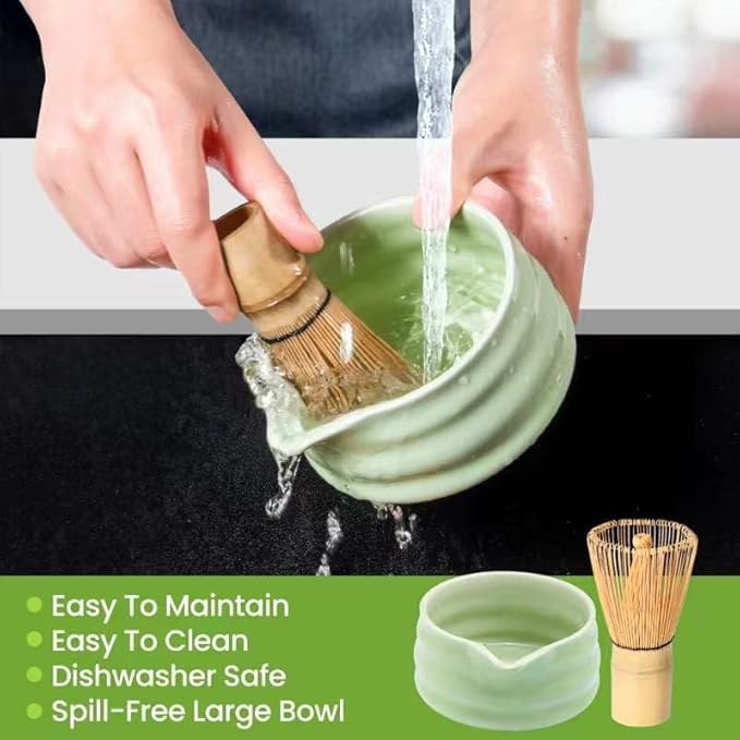 Matcha Whisk Set and Bowl, Matcha Making Kit Whisk, Bowl With Spout, Sifter, Ceramic Whisk Holder, Spoon Japanese Tea Powder Starter Tools For Ceremony Gift (Green, 9 Pack)