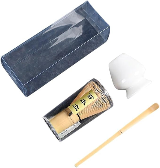 Japanese Matcha Tea Set, Bamboo Whisk (Chasen) + Matcha Scoop (Chashaku)+Ceramic Whisk Holder,fit for Japanese Tea Matcha Tea,Matcha Latte Accessories (J)