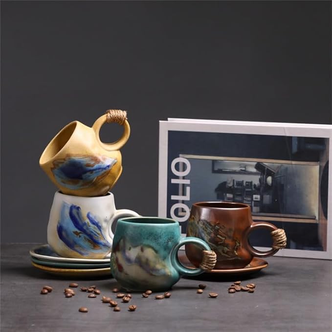8oz Handmade Ceramic Tea Cup and Saucer set of 2, Small Artisanal Mug with saucer set , Lead-Free Latte Art Mug, Handcrafted Pottery tea mug with handle, Matching and Couple cups (White+Green set )