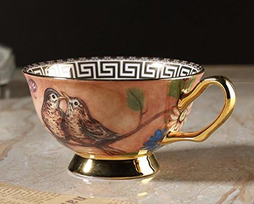 YBK Tech Euro Style Cup& Saucer Set Art Bone China Ceramic Tea Coffee Cup for Breakfast Home Kitchen- Birds and Trees Patterns (Orange)