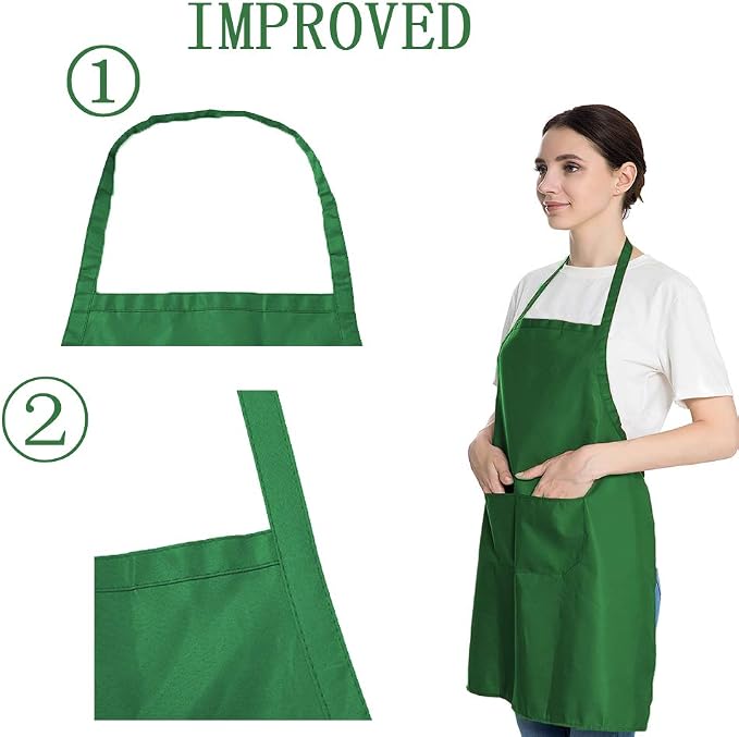 Total 6PCS Green Plain Color Bib Apron for Adult Women Unisex Durable Comfortable with 2 Front Pockets Washable Aprons for Chef Cooking Baking Kitchen Restaurant Crafting - Image 2