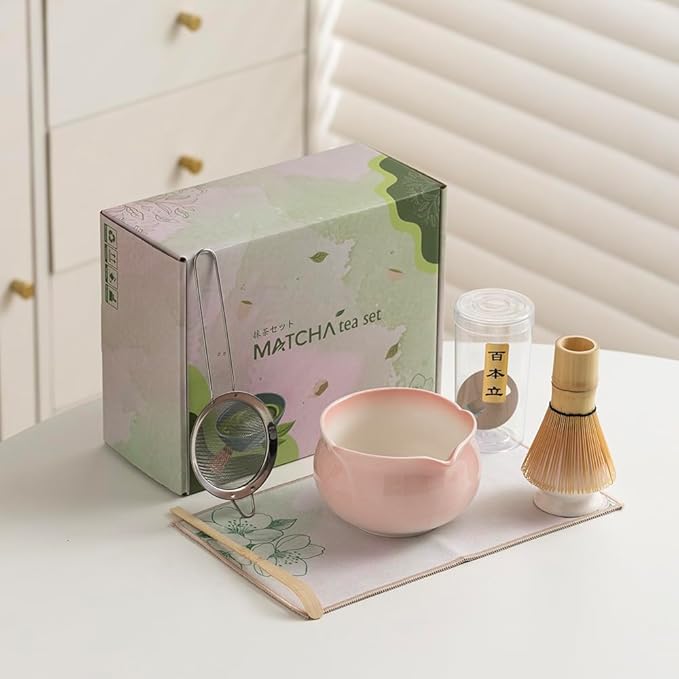 Japanese Matcha Tea Set, Pink Peach Ceramic Matcha Bowl with Soft Glaze, Bamboo Whisk & Scoop, Complete Tea Ceremony Kit with Gift Box