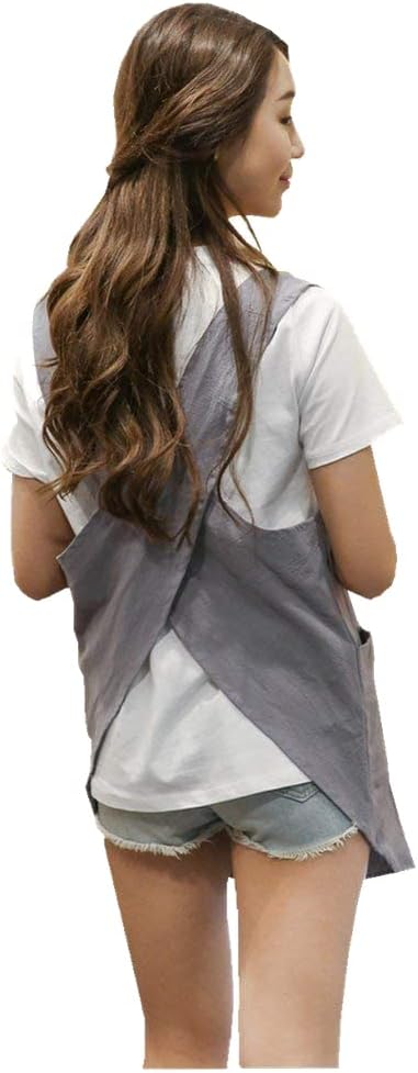 Shortened Design Apron, Japanese Style Soft Cotton Linen Apron with Two Side Pockets, X Cross Halter Aprons, Kitchen Cooking Clothes Gift for Women DIY Project, Crafting, Cooking, Baking(Light Gray) by KKTOCHVC