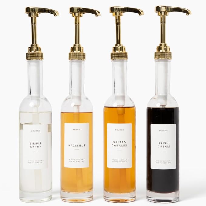 Molimoli Coffee Syrup Dispenser for Coffee Bar, 350mlCoffee Pump Dispenser, Glass Syrup Bottle w. Pumps, Simple Syrup Dispenser w. Labels,Set of 4, (Gold) by MoliMoli