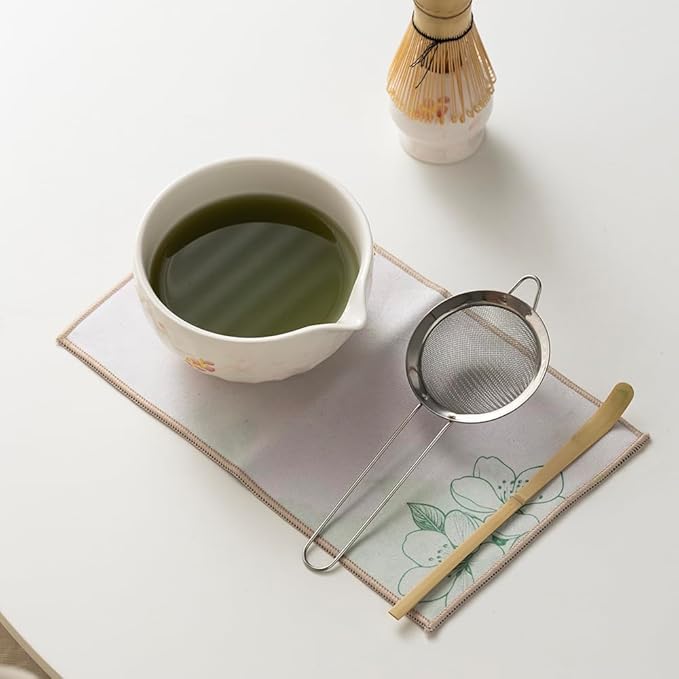Matcha Tea Set with Plum Blossom Ceramic Bowl, Fine Mesh Strainer and Bamboo Scoop, Traditional Japanese Matcha Accessories for Home Tea Ceremony.