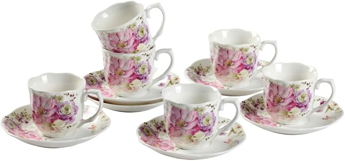 GuangYang 7 oz Porcelain Tea Cups and Saucers Set of 6, Pink Floral Design – Elegant Gift Set for Tea Lovers, Coffee, Cappuccino, Mocha, Weddings, Housewarming & Holidays