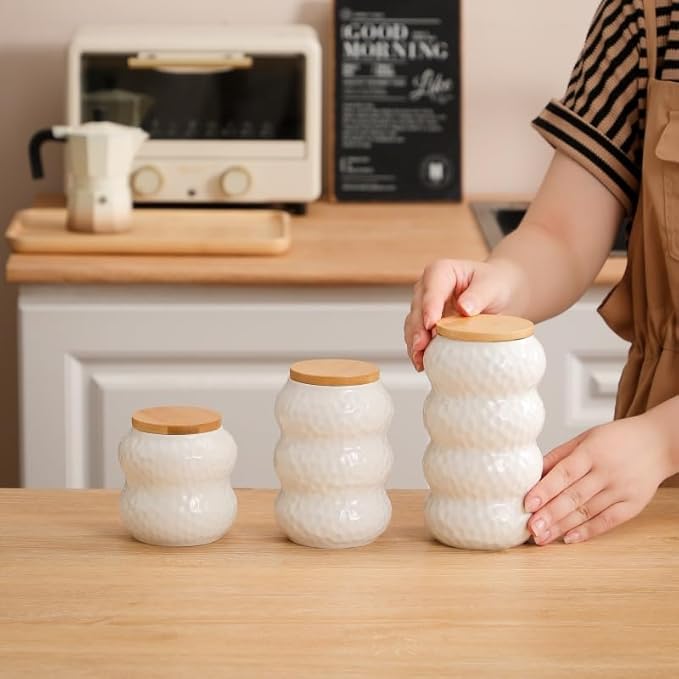 Ceramic Container, Ceramic Jar with Lid, Stackable Containers with Airtight Seal Container Kitchen Food Storage Jars for Serving Ground Coffee, Tea, Sugar, Spice and More (three piece)