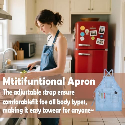 Denim Apron with Big Pockets Adjustable Cooking Apron Jean for Hair Stylist Gardening Craftsmen Barista Hairdresser - Image 5