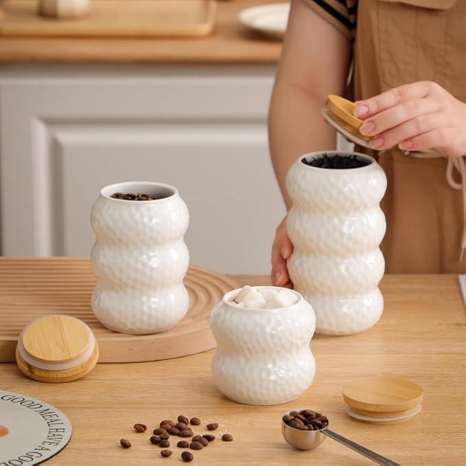 Ceramic Container, Ceramic Jar with Lid, Stackable Containers with Airtight Seal Container Kitchen Food Storage Jars for Serving Ground Coffee, Tea, Sugar, Spice and More (three piece)