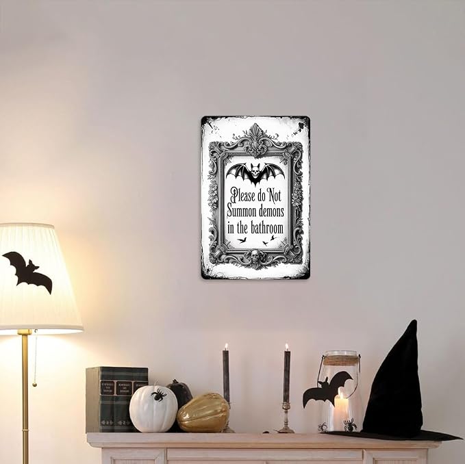 Halloween Bathroom ''Please Do Not Summon Demons In The Bathroom'' Metal Tin Sign - 8x12 Inch, Gothic Bat Art Sign For Toilet, Cafe, Garage, Office Decor, Halloween Accessories, Halloween Decor - Image 6
