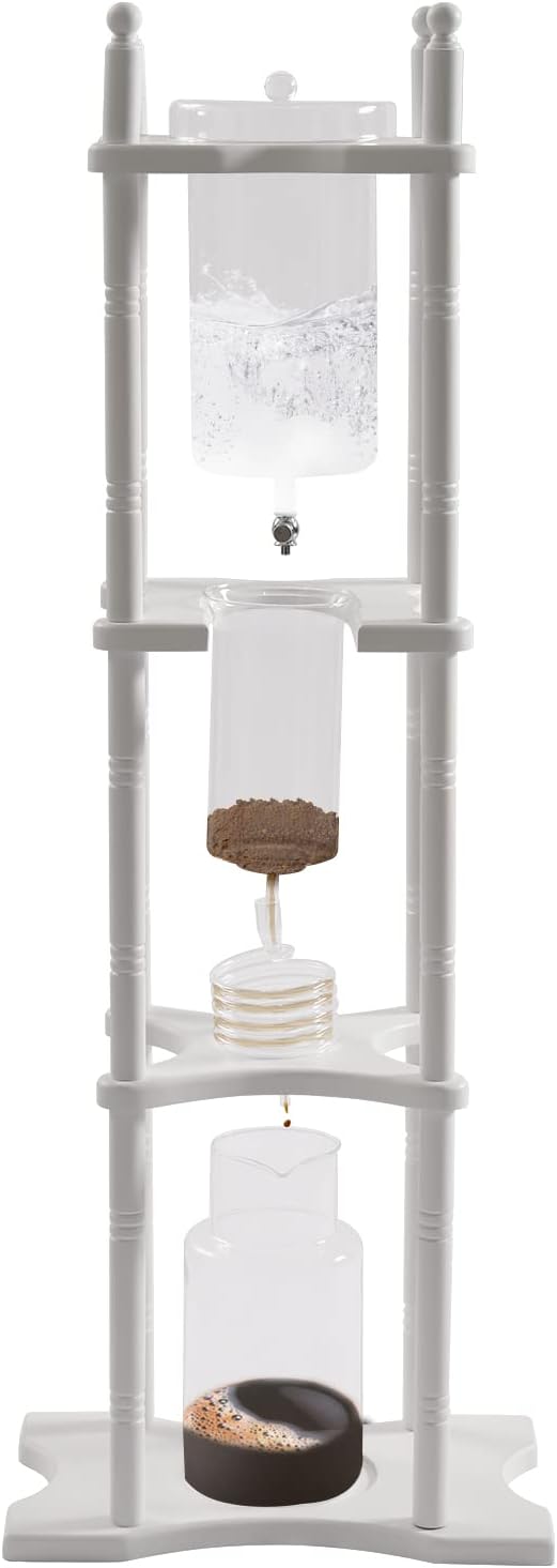 Cold Drip Coffee Maker, 2.5L Large Capacity Cold Brew Coffee Tower, Slow Drip Japanese Cold Brew Maker, with Wood Straight Frame, for Home, Coffee Shop (White)