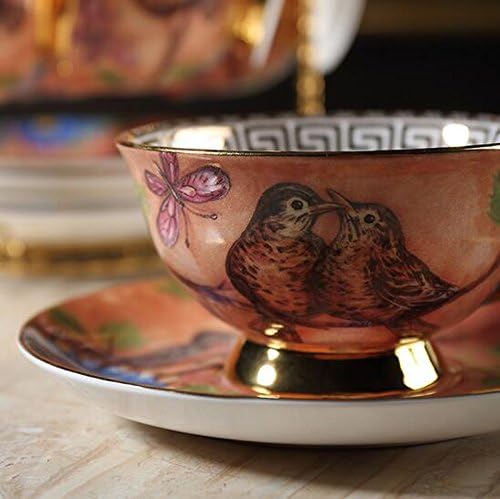 YBK Tech Euro Style Cup& Saucer Set Art Bone China Ceramic Tea Coffee Cup for Breakfast Home Kitchen- Birds and Trees Patterns (Orange)